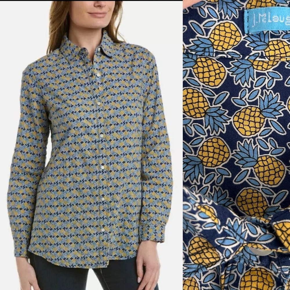 J McLaughlin Lois Shirt Blue Yellow Pineapple Print Button Up Blouse Medium